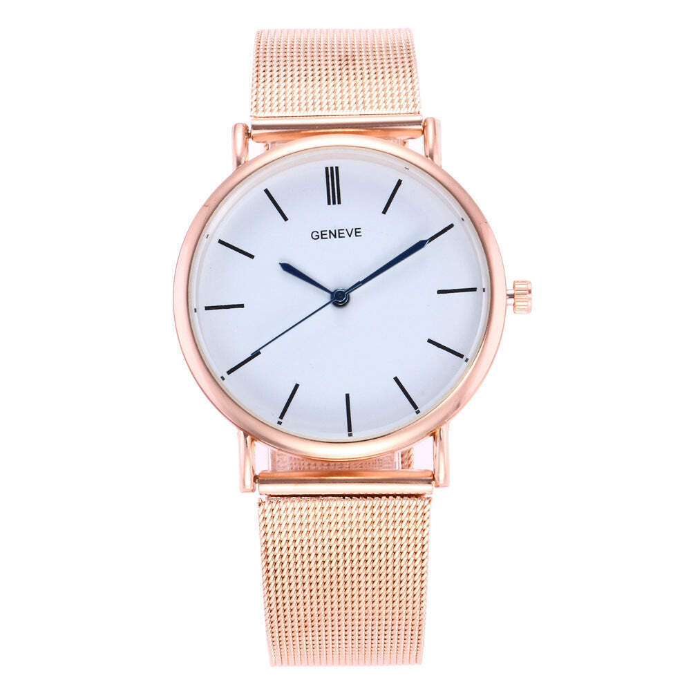 Rose Gold & Silver Alloy Strap Quartz Watch with Glass Mirror & Dual Dial Option