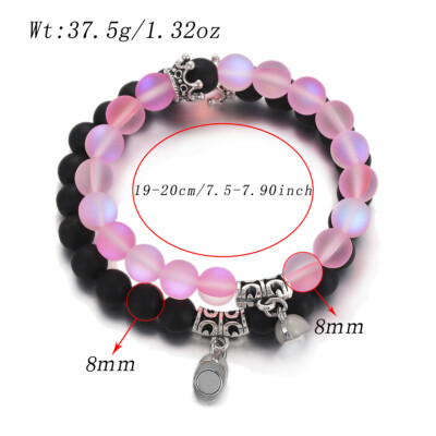 POSHFEEL 8mm Natural Stone Couple Bracelets - Magnetic King & Queen Crown Beads, Stretch Fit, Gift Box (7.5 Inch)