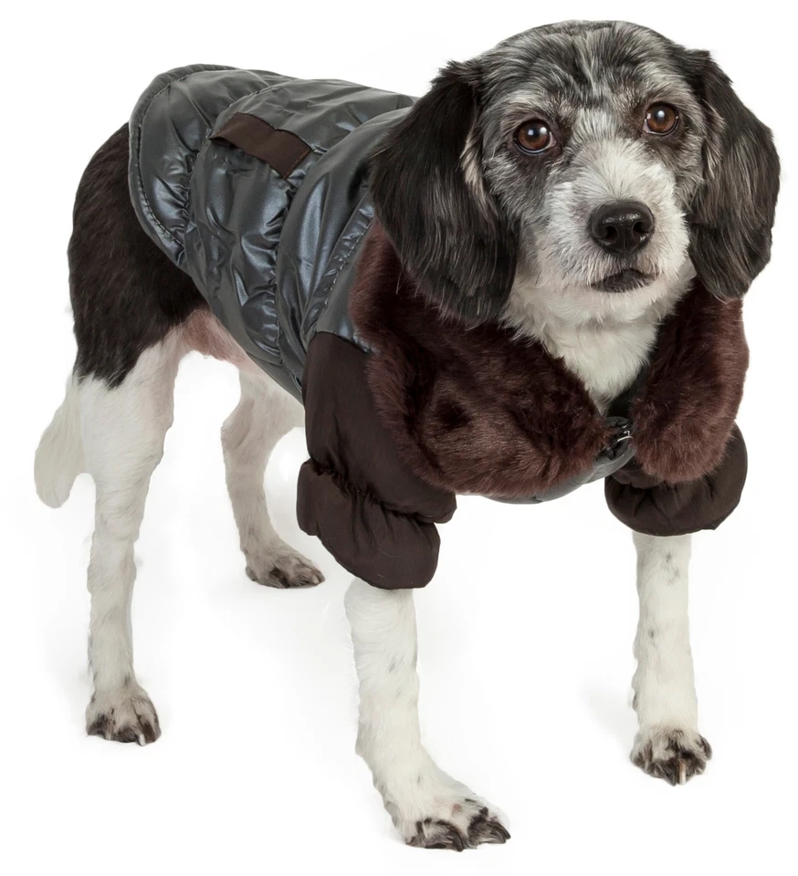 Chaqueta parka para mascotas Pet Life con cuello de piel sintética para perros y gatos Foto 2 de 4