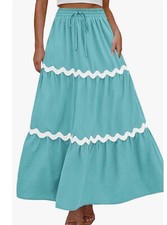 KIRUNDO Blue & White Tiered Elastic Waistband Bohemian Peasant Maxi Skirt Large