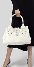 BURBERRY Quilted Leather Calfskin LARGE Manor Bag Tote Purse OFF WHITE Padlock