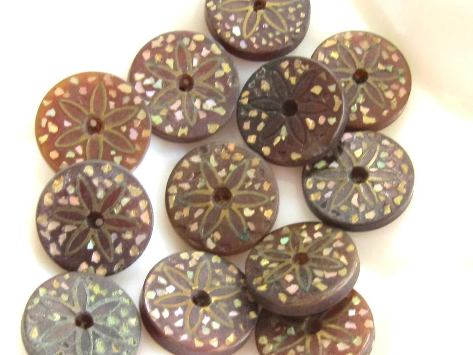 FRENCH ANTIQUE PRESSED HORN BUTTONS W SHELL AND BRASS FLOWER INLAY CAEN FRANCE - Image 3 of 4