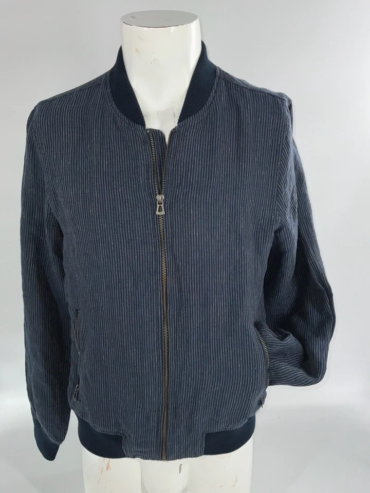 胜家 + 萨金特轰炸机夹克男式 M 海军蓝条纹亚麻全拉链 YGI A4-33 — 第 2/4 张图片
