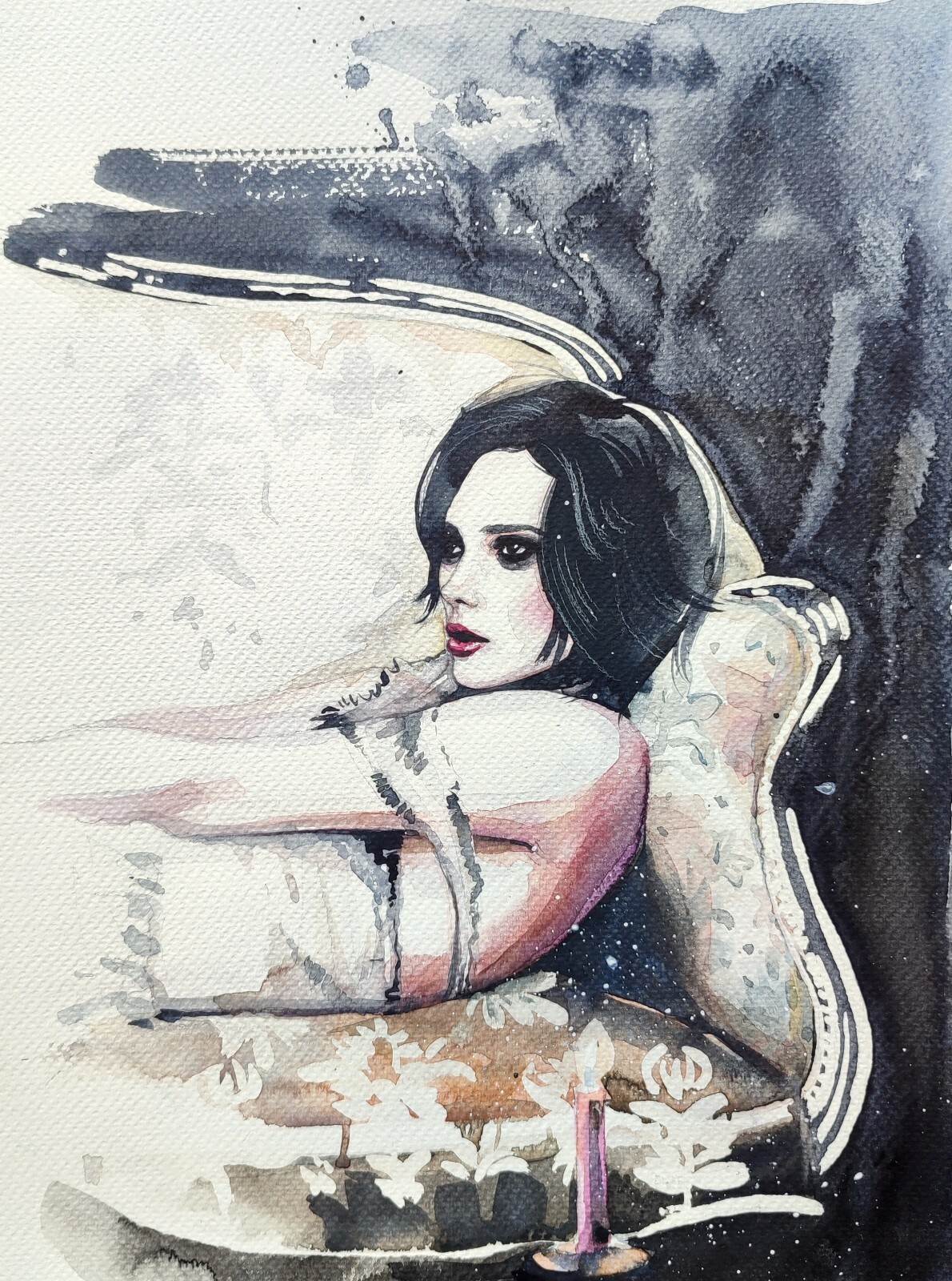 Original Watercolor Painting Gothic Woman Portrait Female Wall Art