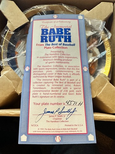 1993 THE BEST OF BASEBALL PLATE COLLECTION BABE RUTH GOLD PLATE #4371 NIB W/COA - Picture 2 of 2