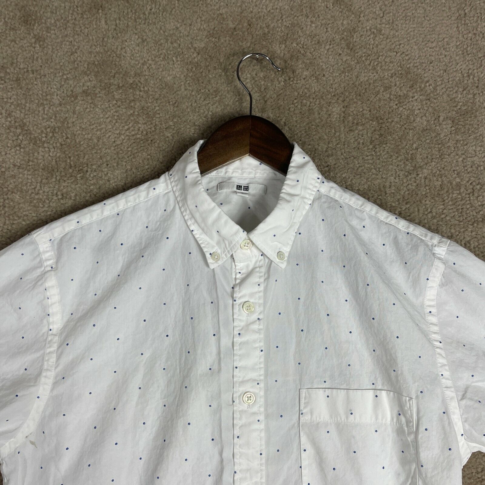 Uniqlo Shirt Mens Size Medium M White/Blue Broadcloth Short Sleeve Dotted  Print