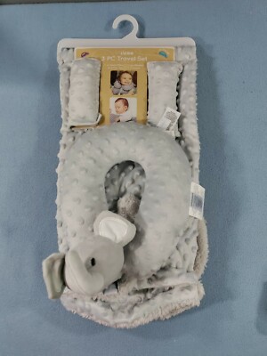 NEW BABE LUXE 3 PC TRAVEL SET BABY SEAT BELT COVER BLANKET ELEPHANT NECK PILLOW