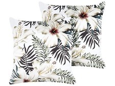 Image of Set of 2 Velvet Cushions Leaf Pattern 45 x 45 cm White and Green OKRA