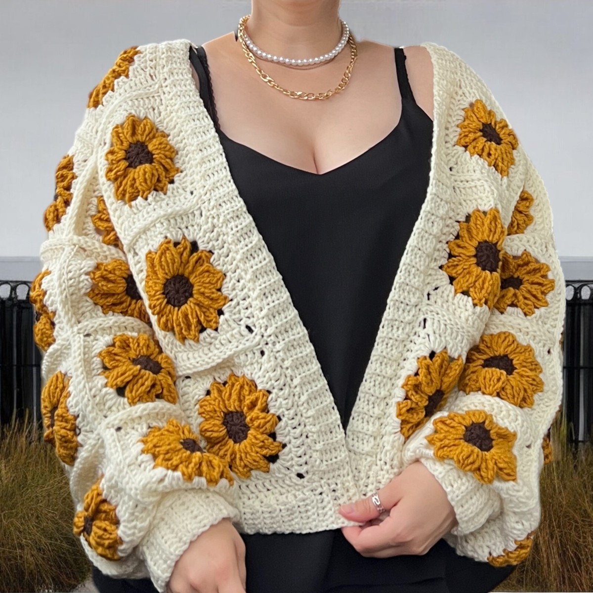 crocheted sunflower cardigan Granny Square Sweater Handmad