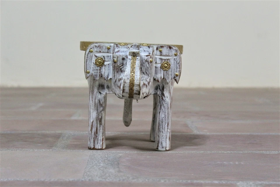 Small Rustic Wooden Elephant Stool with Brass Accents | Handmade Home Decor  - Image 4 of 4