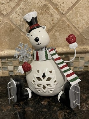 Rare Vintage Pier 1 Christmas Bobble Head Bear Tea Light Holder Metal Ceramic