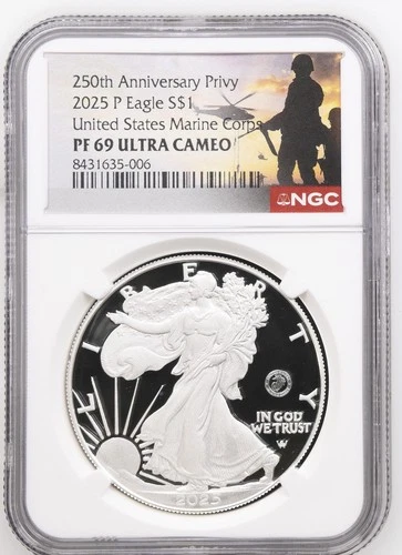2025 P American Silver Eagle Marine Corps 250th Anniversary NGC PF 69 Box & COA