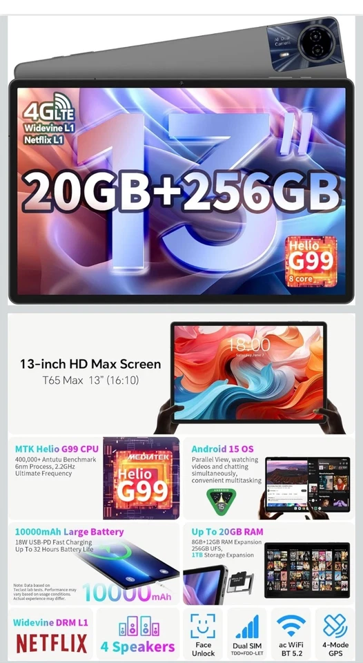 Teclast T65 Max 13 Zoll 20GB RAM+256GB ROM Gaming Tablet Android Tablet 10000mAh - Bild 3 von 4