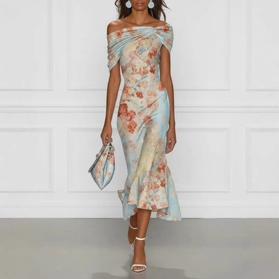 Womens Off Shoulder Blue Floral Maxi Dress Asym Hem High Waist Mermaid S-XXL