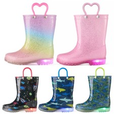 HISEA Kids Light-Up Rain Boots Boys Girls Waterproof Printed Wellies w/ Handles