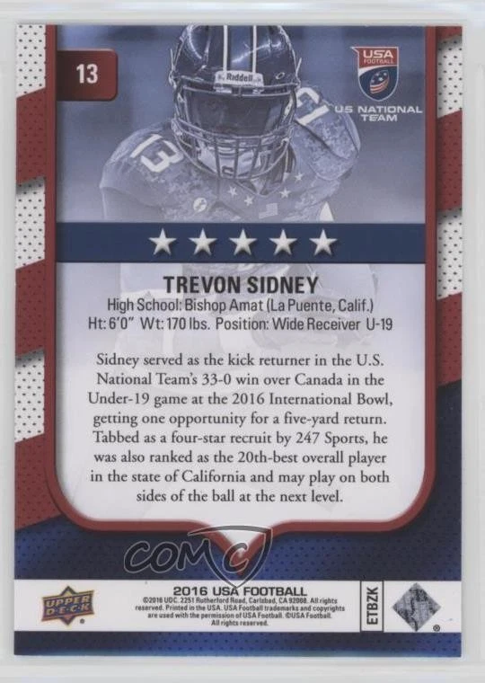 2016 Upper Deck USA Football USA U19 Flag Wave Trevon Sidney #13 - Image 2 of 2