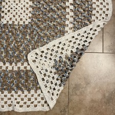 Handmade Knit Throw Blanket Open Weave Beige Brown Blue Crochet 53x50 VG