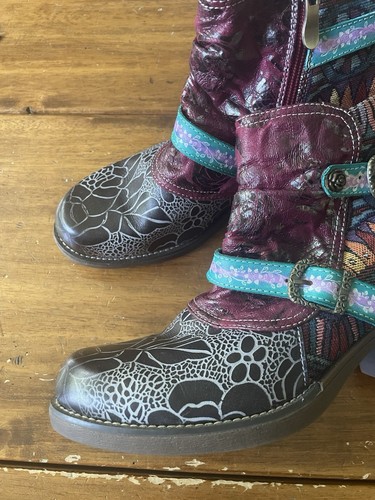 New Socofy Tapestry Patchwork Leather Ankle Boots Booties EU 40 Lagenlook - Picture 3 of 9
