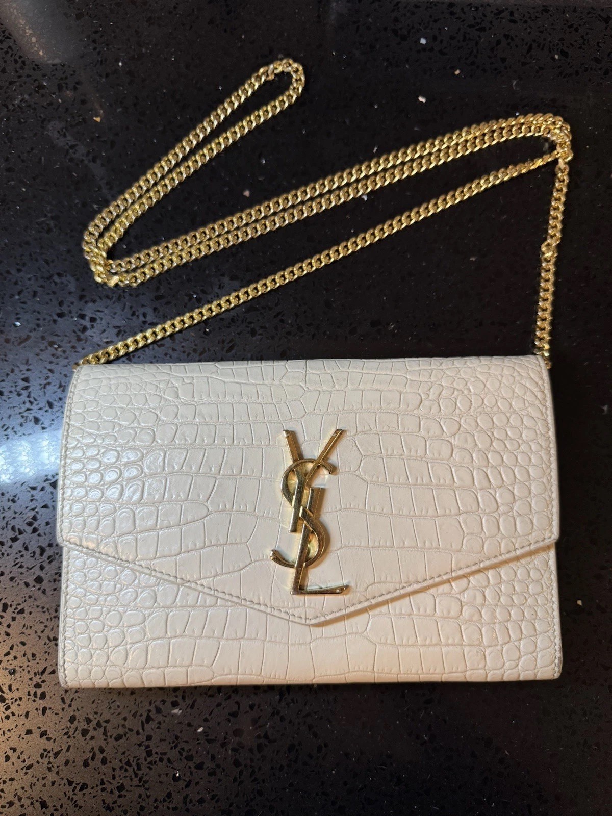YSL Portafoglio Yevs Saint Laurent Uptown catena oro goffrato coccodrillo pochette