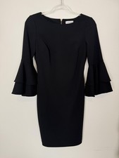 Calvin Klein Dress Womens 2 Black Sheath Bell Sleeve Gold Zip Cocktail Party