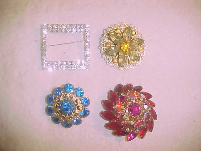 4 Vintage Rhinestone Brooches Pin Spectactular Red, Blue, Yellow and Clear