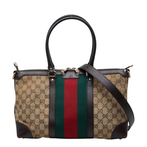 Gucci Gg Canvas Sherry Line Handbag Shoulder Bag 2Way 257341 Beige Brown Leather