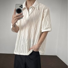 Men Summer Breathable Textured Knit Short Sleeve Polo T Shirt Hollow Detail Top