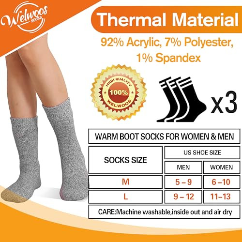 3 Pairs Warm Thermal Socks for Women & Men Winter Ski Thick Boot Large Assorted - Zdjęcie 5 z 6