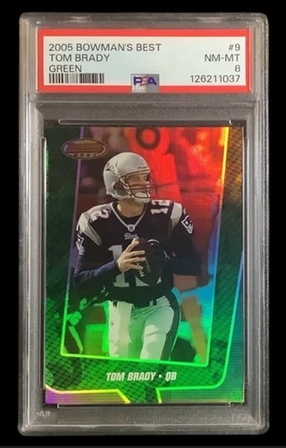 2005 bowman’s best #9 tom brady; green 210/799 foil refractor PSA 8