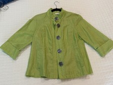 Chicos Linen Jacket Size 0 Chartreuse Lime Green 3/4 Sleeve Pleated Button Front