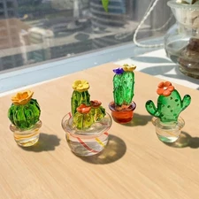 4PCS Handmade Blown Glass Art Cactus Cute Crystal Miniature Cactus Figurines Hom