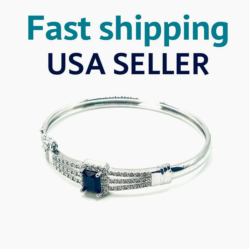 Elegante Brazalete Brazalete de Plata con Piedras Preciosas de Zafiro Azul y Acentos de Cristal Gif Foto 2 de 4