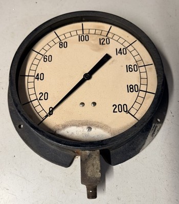 200 PSI Steam Pressure Gauge Brass Vintage 8'' D Face has Damage No Glass
