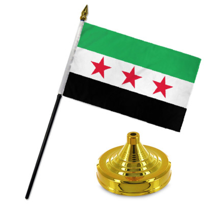 Syrian Republic 4''x6'' Flag Desk Set Table Stick Gold Base 100D