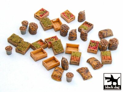 Black Dog 1/48 Food Supplies #1 Vegetable Crates and Sacks, Metal Buckets T48010