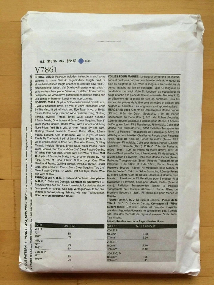V7861 Vogue Patterns Bridal Veils - Bild 2 von 3