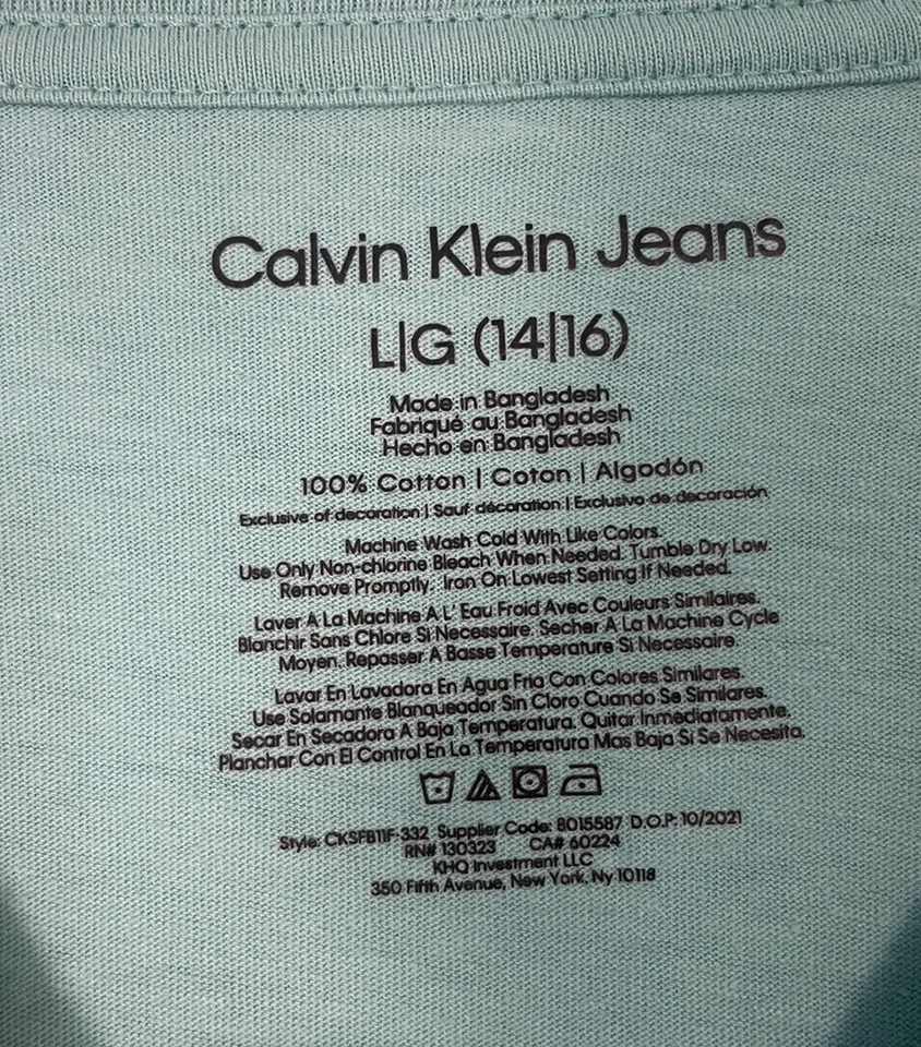 Camiseta Calvin Klein Juvenil Cuello en V Algodón Grande 14/16, Verde azulado Foto 3 de 4