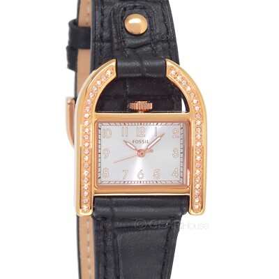 FOSSIL Harwell Womens Rose Gold Lock Shaped Watch, Crystals, Black Leather Band