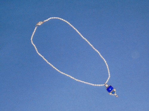 JGD JANICE GIRARDI signierter 925 Reisperle & Lapis Anhänger Halskette Vintage F+