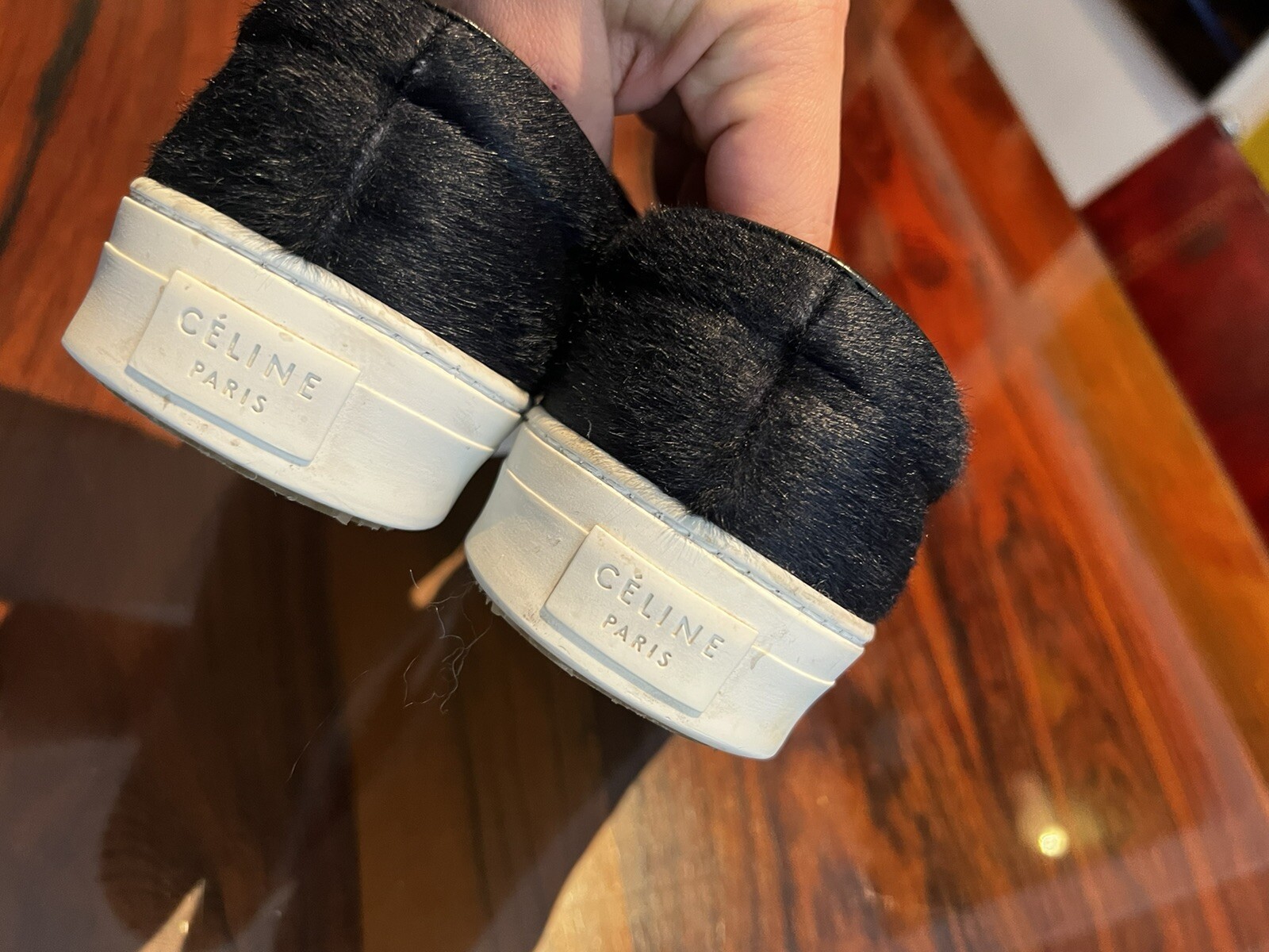 PONY CELINE Sneaker slip on da donna blu navy con capelli di cavallo ballerine taglia 40 UK 7