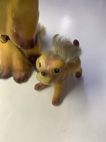 Vintage Ceramic Bobble Head Dog W/ 2 Pups On Chains-Real-Fur-Japan - Picture 2 of 24