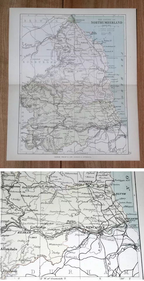 1884 ANTIQUE MAP OF COUNTY OF NORTHUMBERLAND / NEWCASTLE TYNEMOUTH / ENGLAND - Image 2 of 3