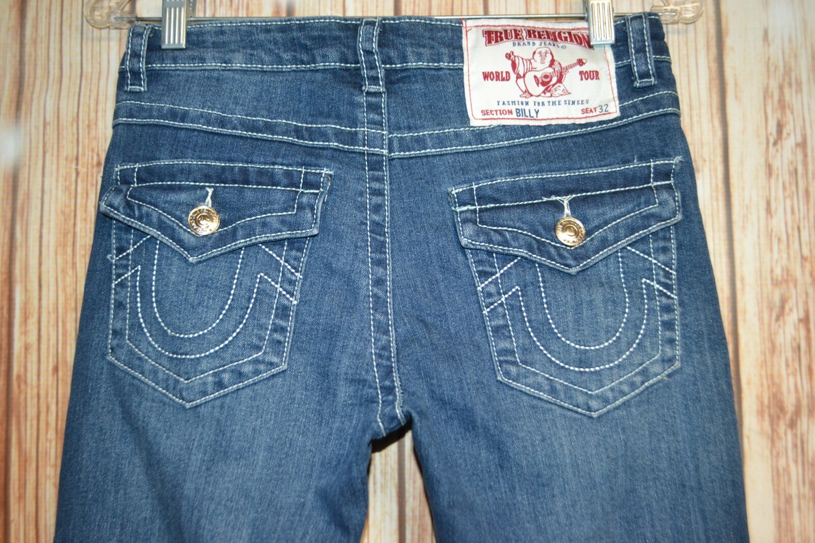 True Religion Women's Billy Straight Pocket Flaps Blue Denim Jeans Sz 27x32 thumbnail 7