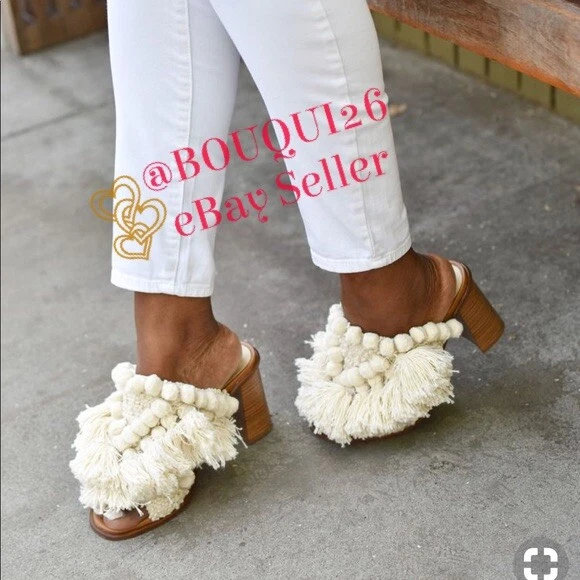 ZARA NEW RARE POMPOMS OPEN TOE CREAM ECRU TAN MULE HIGH HEELS REF