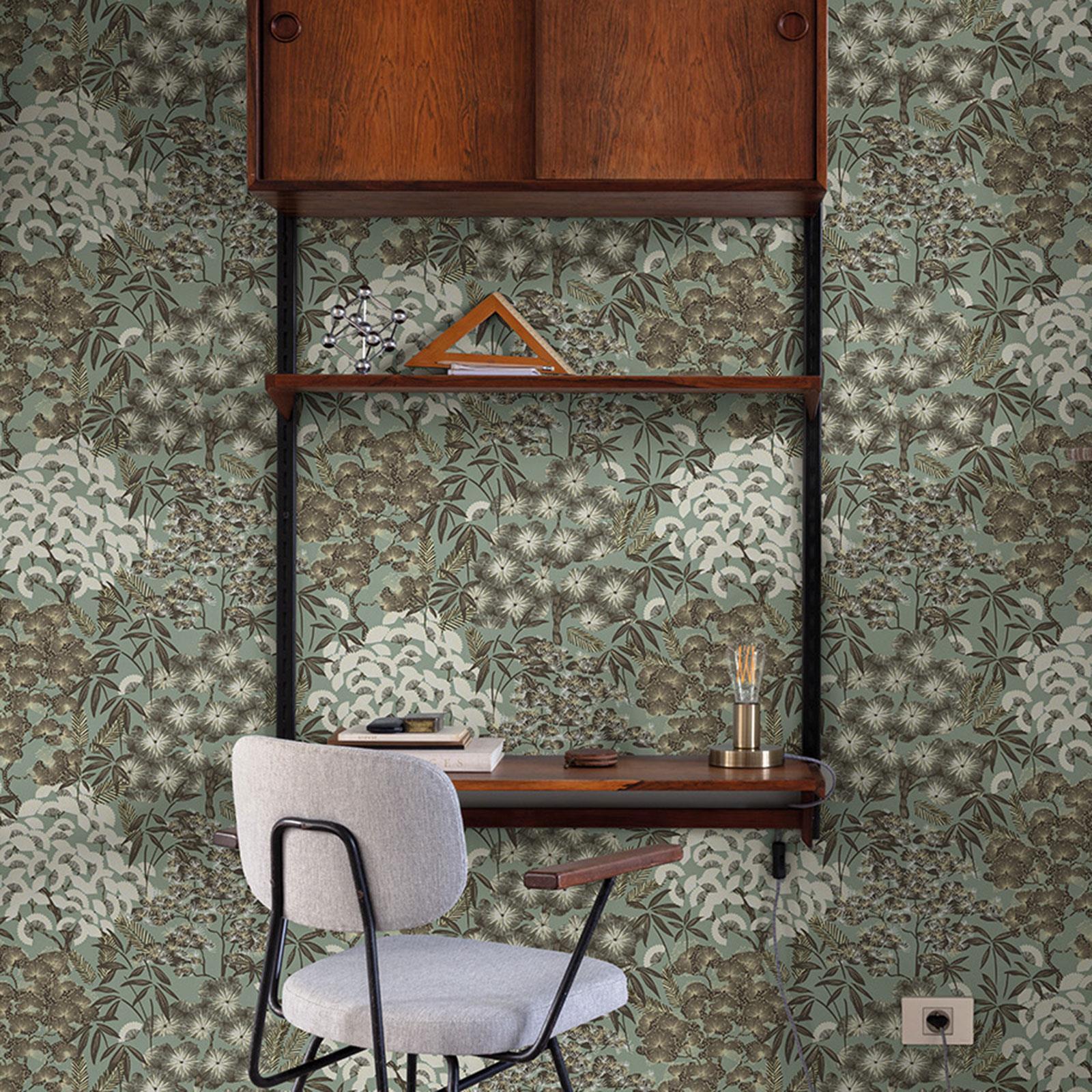 Ciara Oriental Leaf Wallpaper Leaves Nature Sage Green A63002 Grandeco