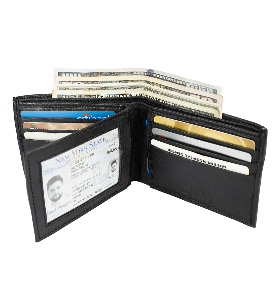 【T.O.】 RFID Blocking Black Genuine Leather Men's Bifold Wallet Center