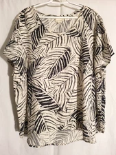 Cynthia Rowley-Cream Off-White Black Floral Leaves Short Sleeve Linen Top-3X