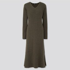 UNIQLO Wide Rib V-Neck Knit Long Dress in Green - S
