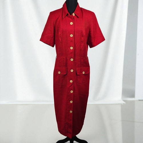 MHM Melissa Harper Red Dress Woman 12 Button Front Pockets Career Midi Teacher