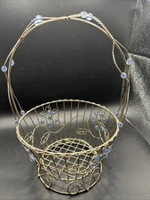 Beaded Metal Wire Woven Basket  Decor Floral Blue Green With Handle